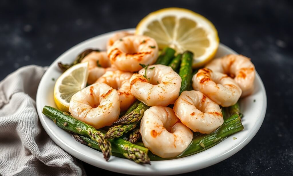 One-pan lemon shrimp and asparagus: quick, fresh, easy meal.