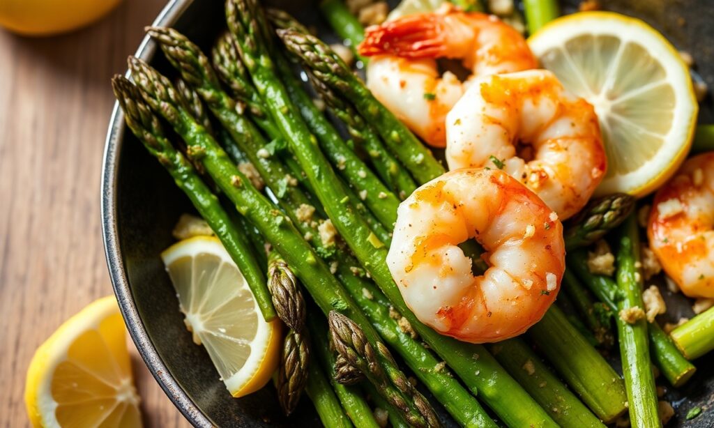 One-pan lemon shrimp and asparagus, quick, fresh, easy.
