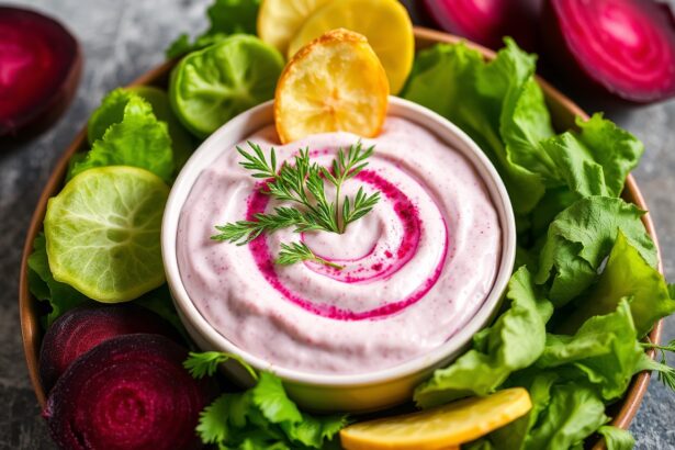 Beet yogurt dip with fresh dill: bright, healthy snack.