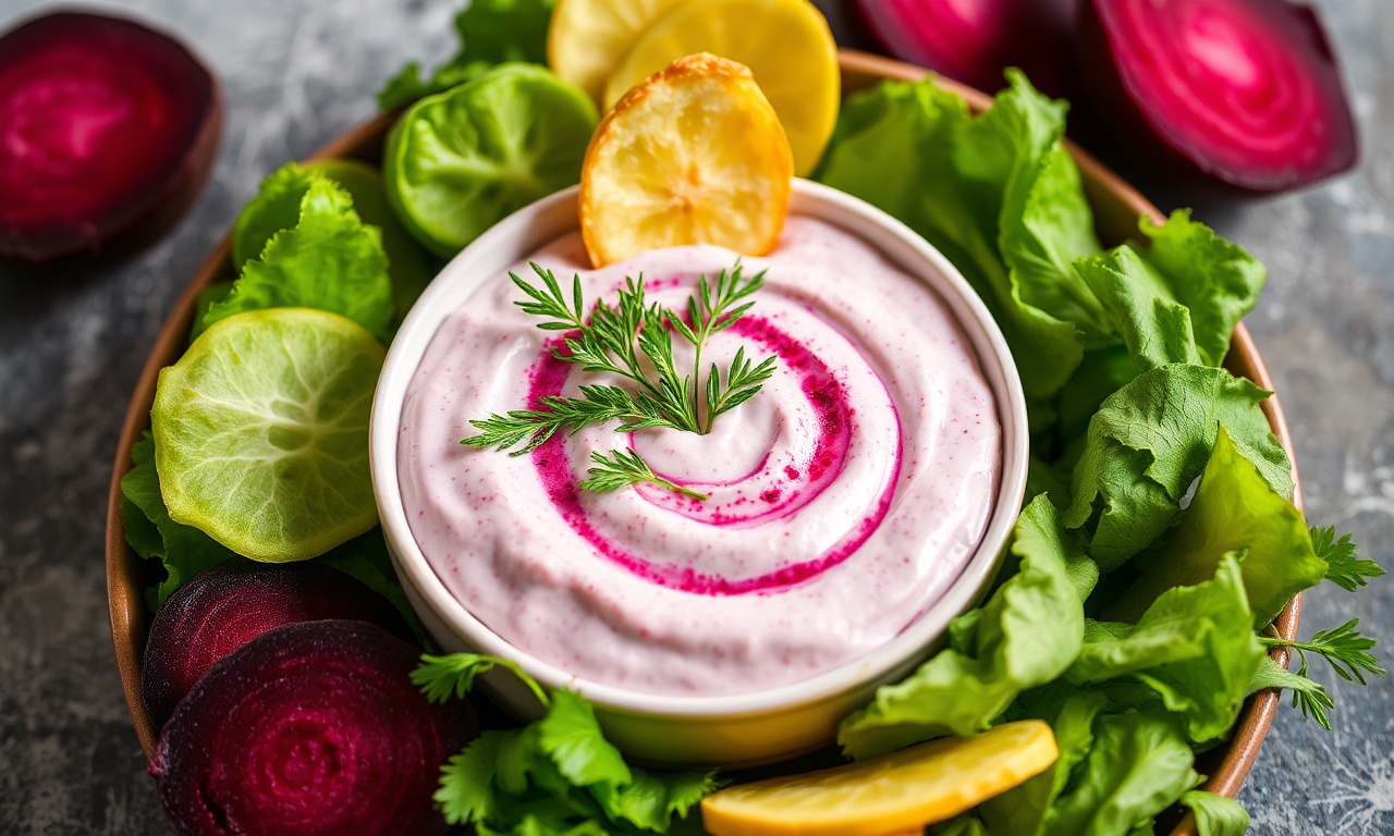 Beet yogurt dip with fresh dill: bright, healthy snack.