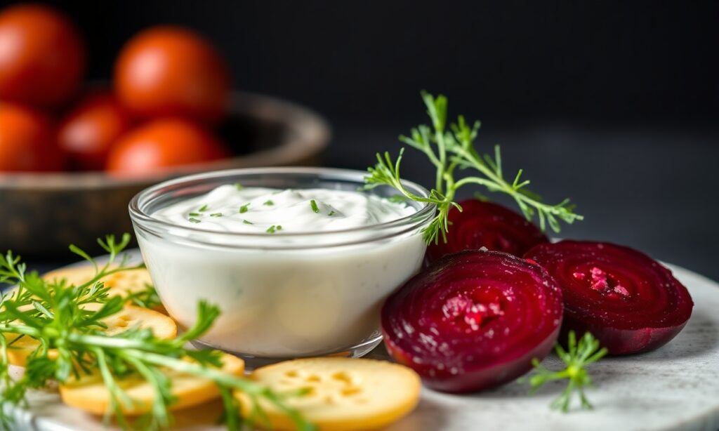 Vibrant beet yogurt dip with fresh dill brightens snacks.