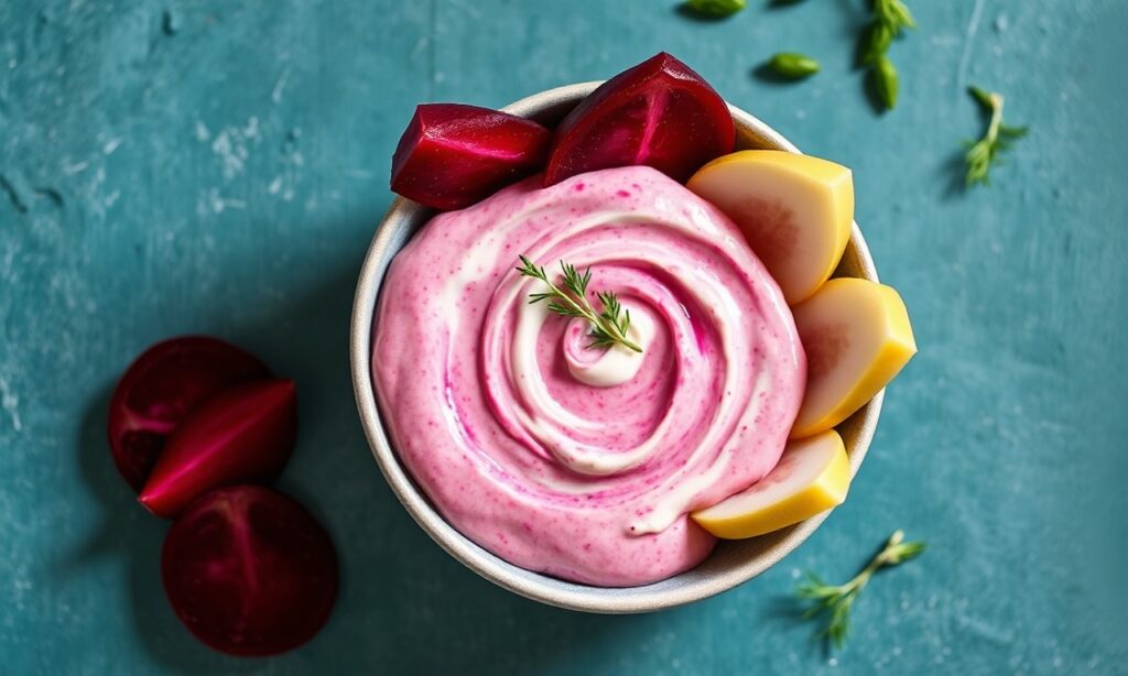 Vibrant beet yogurt dip with dill, perfect for bright, healthy snacks.