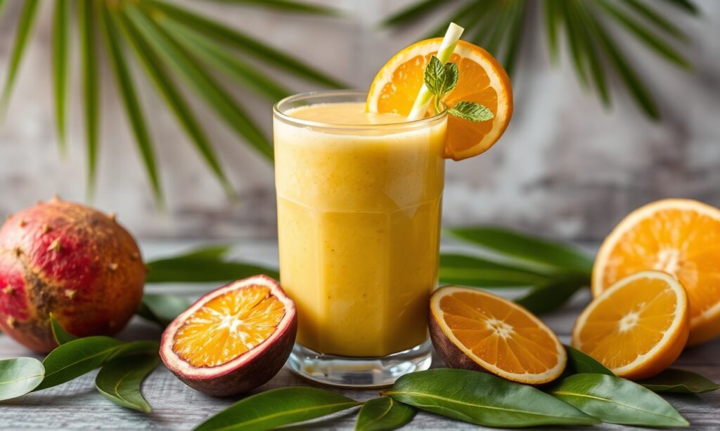 Tropical Boost: Refreshing passion fruit orange smoothie for a taste of the tropics.