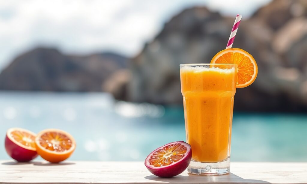 Tropical Boost smoothie: vibrant passion fruit and orange blend.