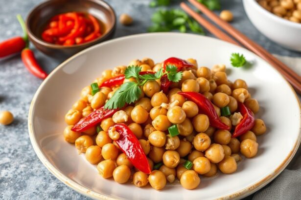 Spicy Kung Pao chickpeas with peppers and crunchy peanuts.