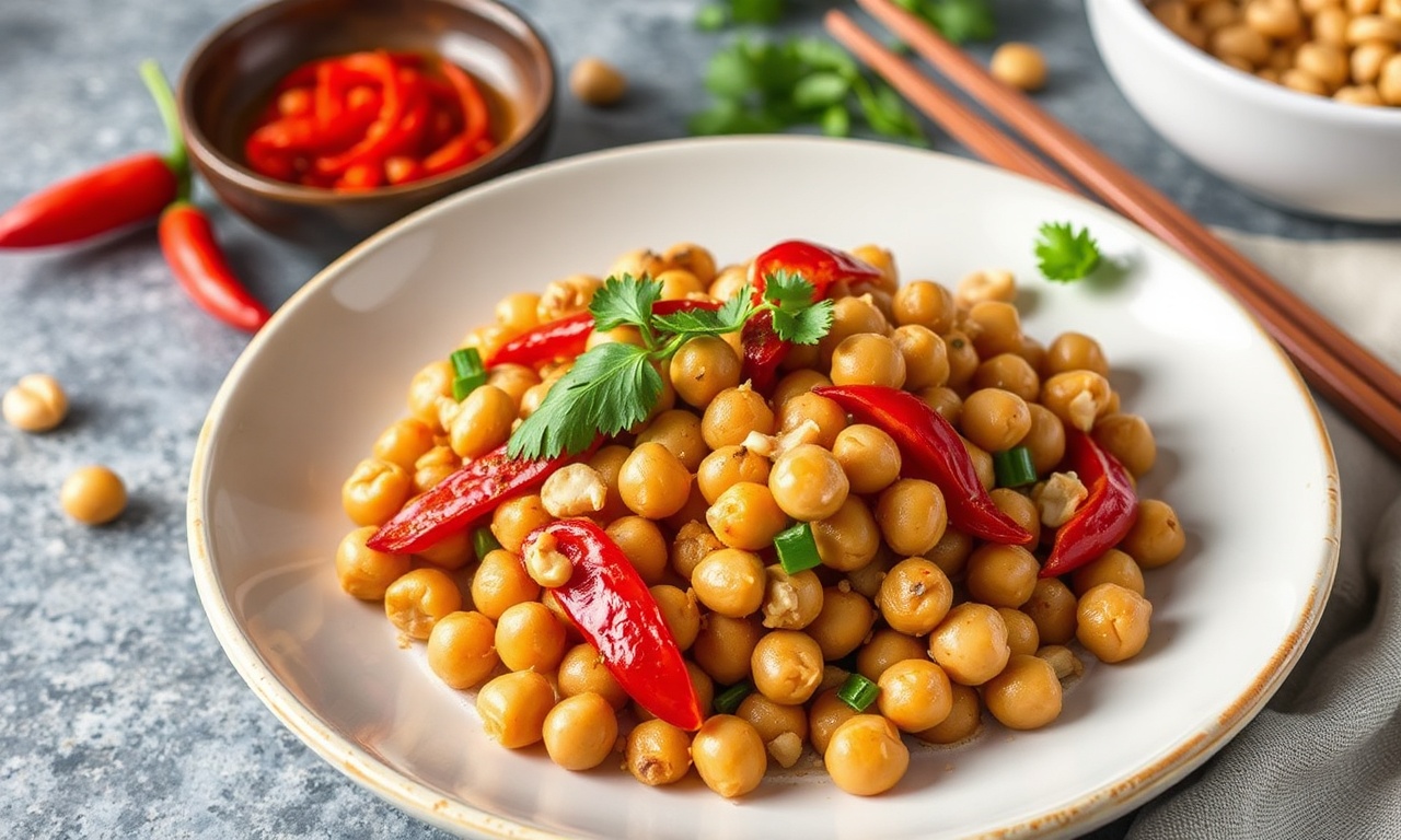 Spicy Kung Pao chickpeas with peppers and crunchy peanuts.