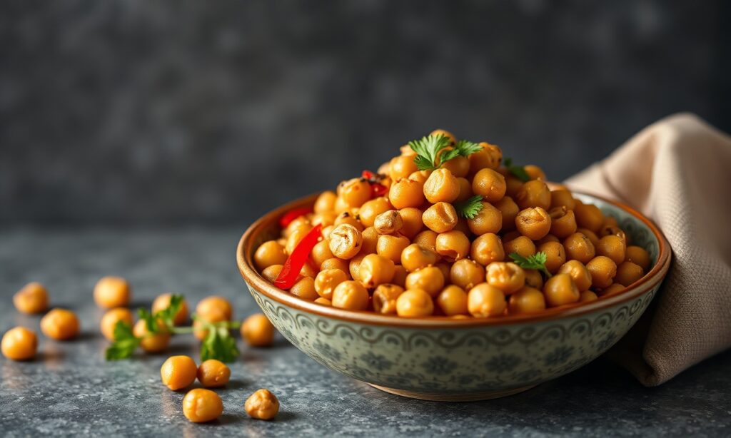 Spicy Kung Pao chickpeas with peppers and crunchy peanuts.