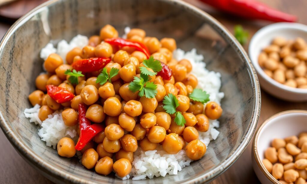 Spicy Kung Pao chickpeas with peppers and peanuts.