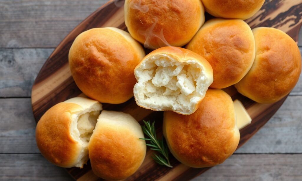 A close-up shot of fluffy keto dinner rolls baked to a golden brown, showcasing their airy texture.