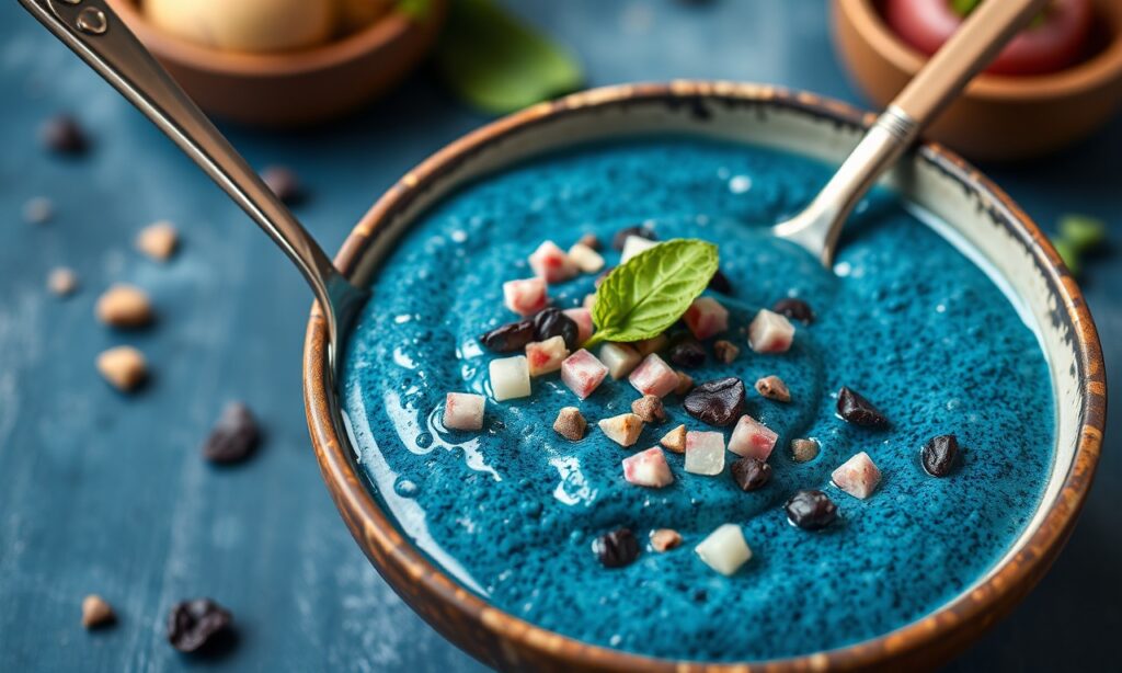 Dive wellness: vibrant blue spirulina bowl, healthy breakfast.