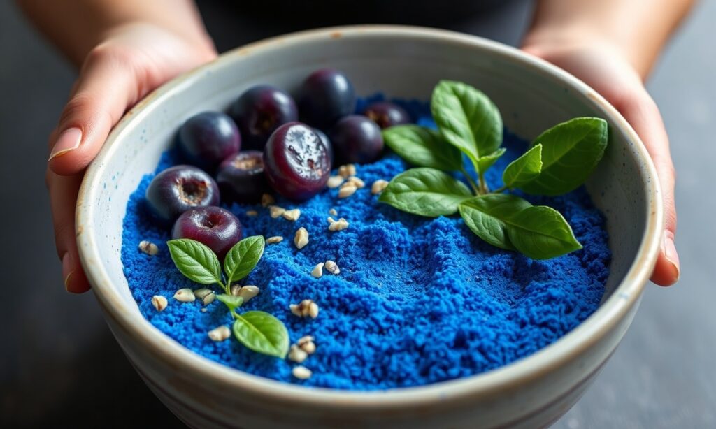 Dive wellness: vibrant blue spirulina bowl, a superfood delight.