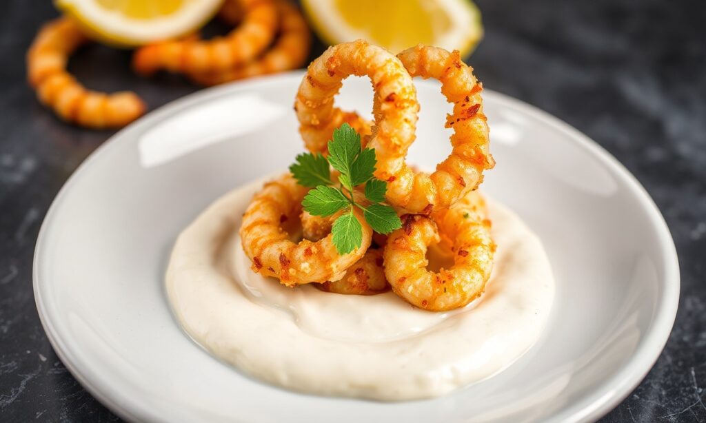 Crispy calamari recipe with zesty lemon aioli and bright flavors.