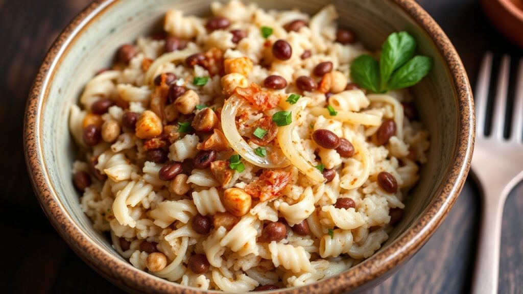 Layered rice, lentils and pasta bowl with crispy onions
