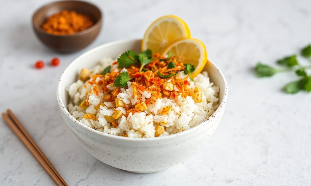 Crispy layered rice bowl with lentil, lemon for best flavor.