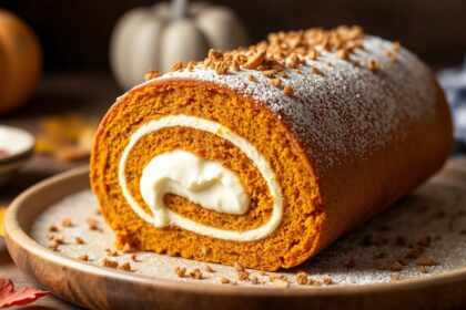 Decadent pumpkin roll cake with creamy filling, perfect dessert recipe.
