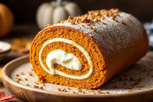 Decadent pumpkin roll cake with creamy filling, perfect dessert recipe.