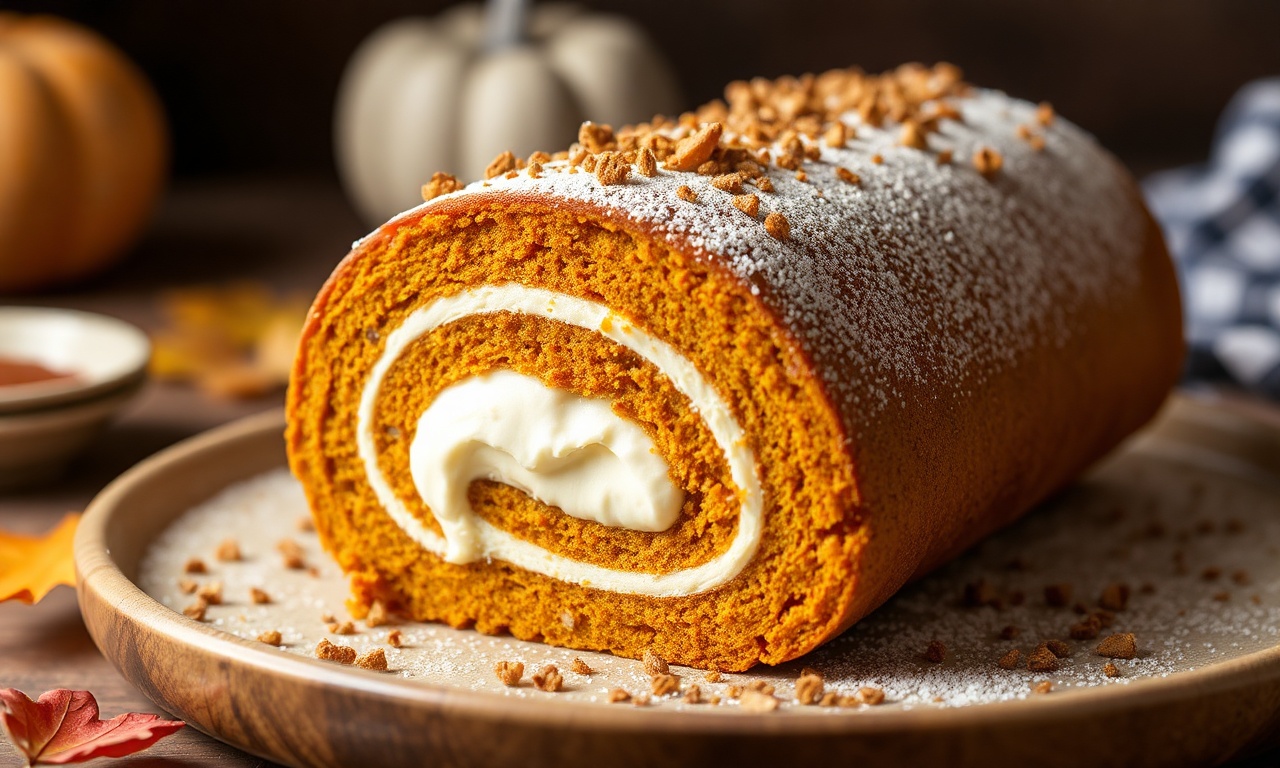 Decadent pumpkin roll cake with creamy filling, perfect dessert recipe.