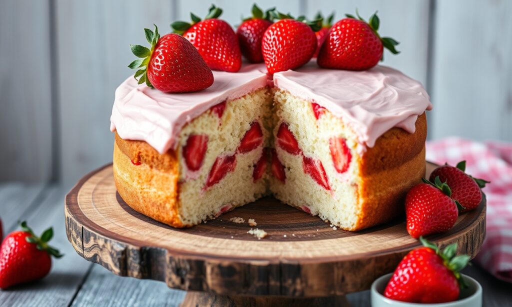 Close-up of a moist and fluffy egg-free strawberry cake slice.