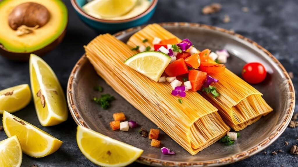 Steaming jackfruit tamales in corn husks, shredded filling and masa texture visible
