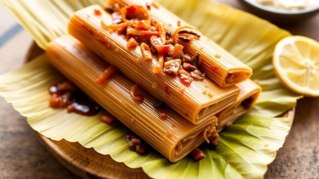 Steaming jackfruit tamales wrapped in corn husks, masa texture and savory filling visible