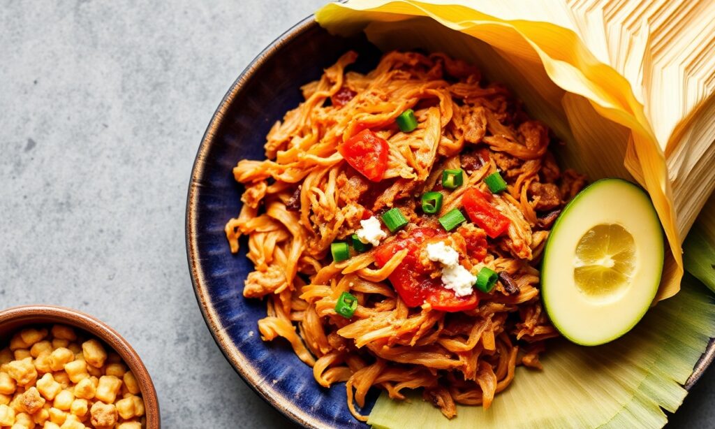 Vegan jackfruit tamales: warm, tender masa steamed in corn husk.