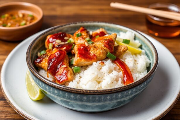 Honey chipotle chicken and rice bowl, sweet heat.
