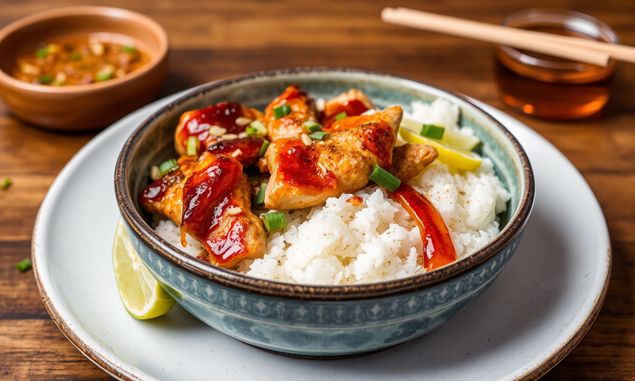 Honey chipotle chicken and rice bowl, sweet heat.