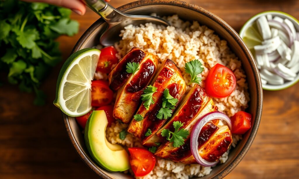 A delicious bowl of Chipotle chicken with rice and fresh toppings.