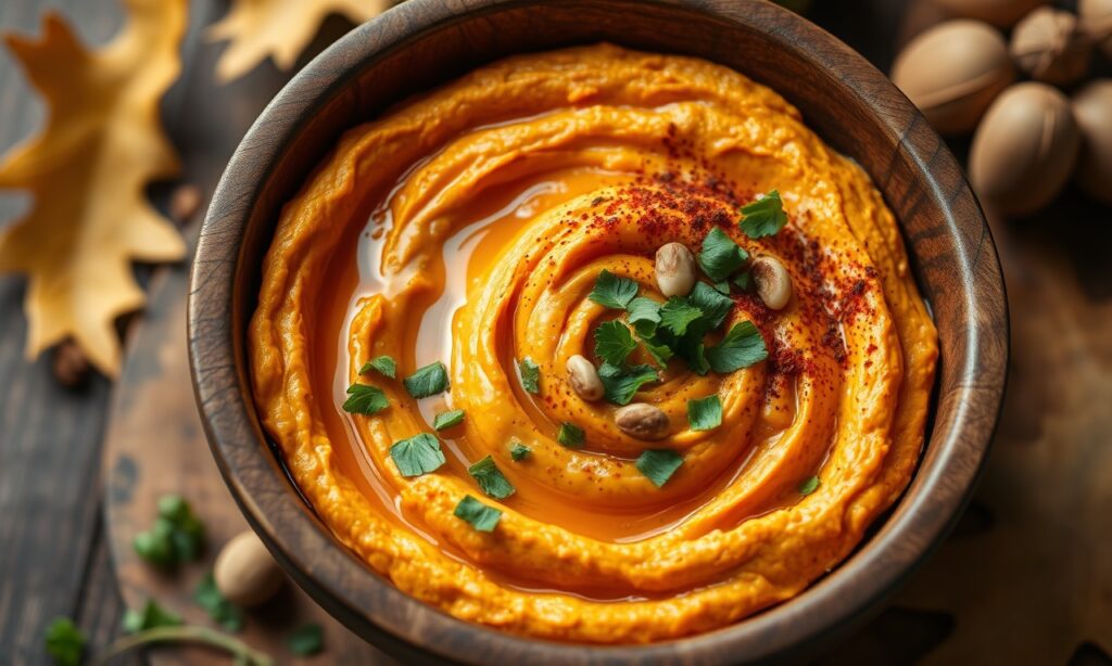 Close-up of creamy butternut hummus in a bowl, garnished with a swirl of olive oil and paprika.