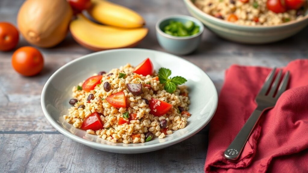 سلطة الكينوا البيروفية الغنية بالبروتين مع خضروات طازجة