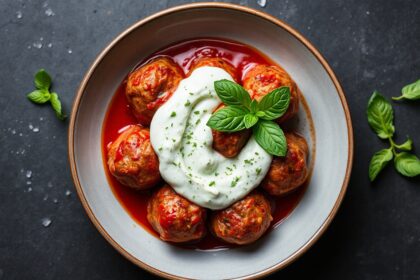 Fiery harissa lamb meatballs with cooling mint sauce recipe.