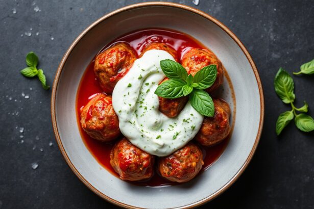 Fiery harissa lamb meatballs with cooling mint sauce recipe.