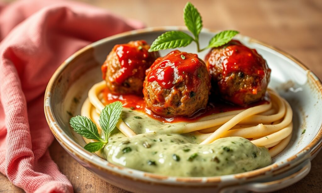 Fiery harissa lamb meatballs with cooling mint sauce recipe.