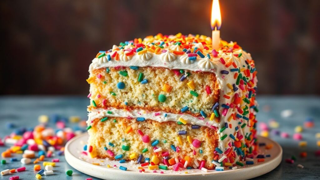 كيك فنفيتي ناعم وملون مزين برشات احتفالية ووشمعة عيد ميلاد
