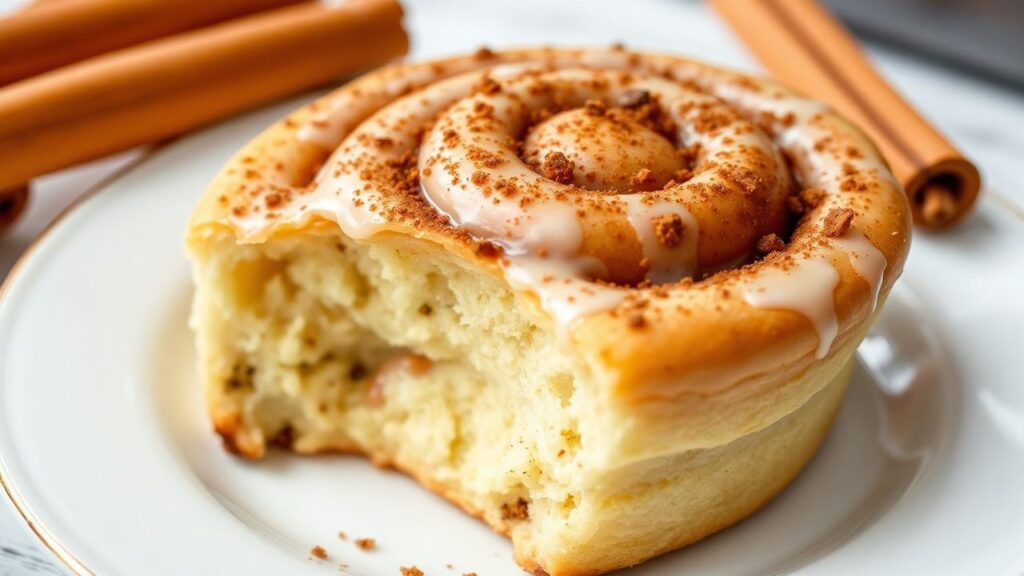 لفائف قرفة كيتو لزجة ومغرية على طبق خشبي، بخار عطري يتصاعد