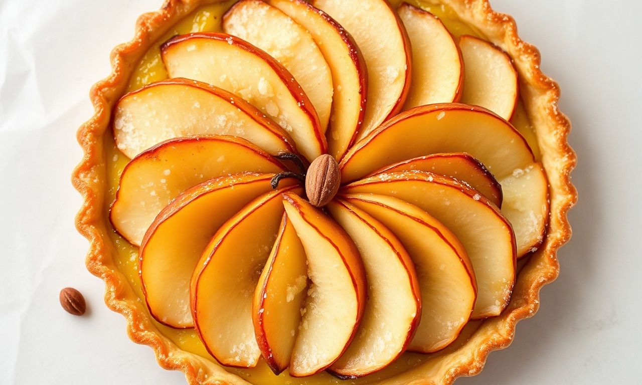 A beautifully arranged frangipane tart with thinly sliced pears fanned out on